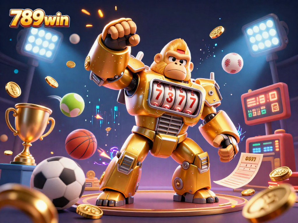 Win big at 789win with a vibrant 3D illustration of a golden gorilla mech amidst sports betting excitement.