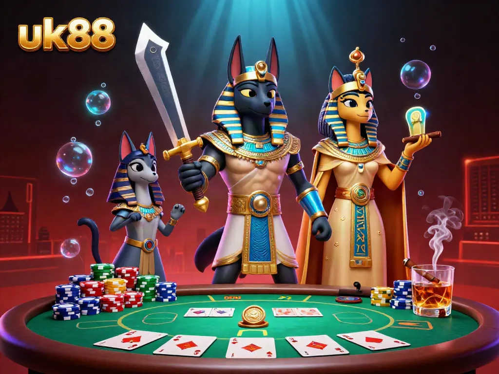 Experience the thrill of uk88 casino gaming with Anubis and Bastet in an epic gambling scene.