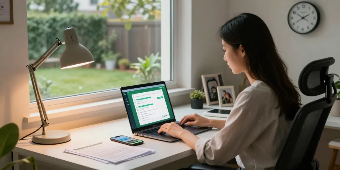 User engaging with WhatsApp電腦版 on a laptop in a cozy home office, showcasing productivity and comfort.
