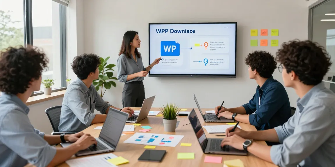 Team discussing WPS Download features in a modern office setting.