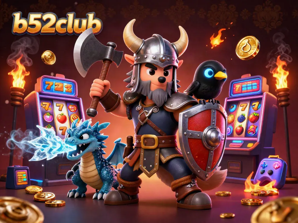 Win jackpots at b52club with a vibrant 3D gaming scene featuring a Viking warrior, dragon, and colorful slot machines.
