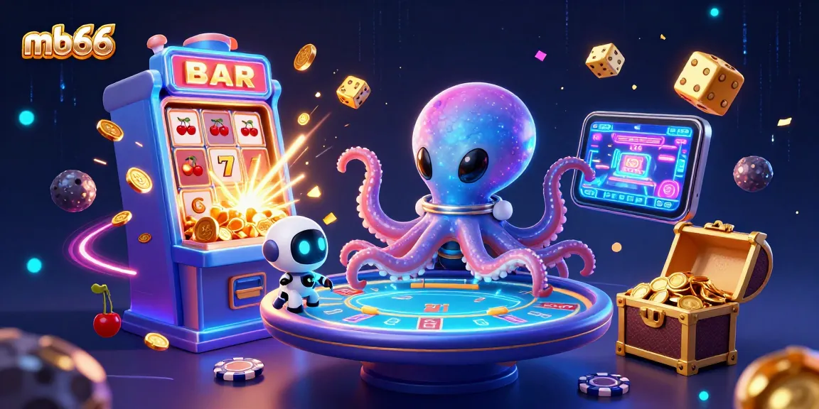 Engage in exciting poker action at mb66 with a 3D alien octopus managing a holographic table.