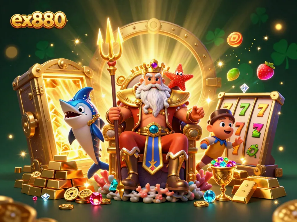 Experience the thrill of ex880 as cartoon sea king Neptune and friends celebrate wins among swirling slot symbols.