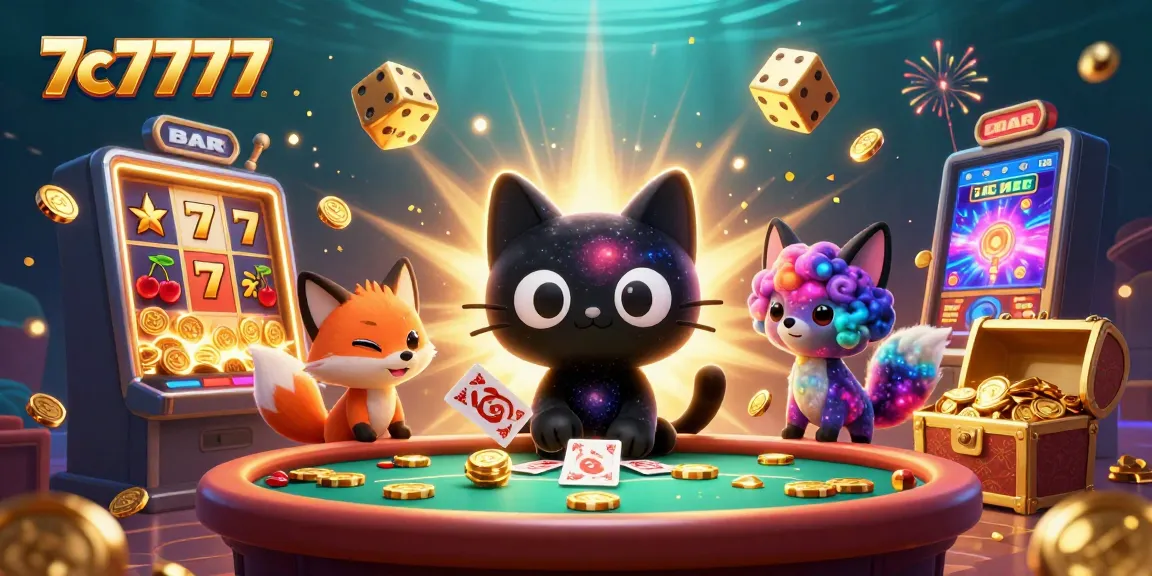 Engaging cosmic casino scene featuring 7c7777, a black hole cat captivating players with golden chips.