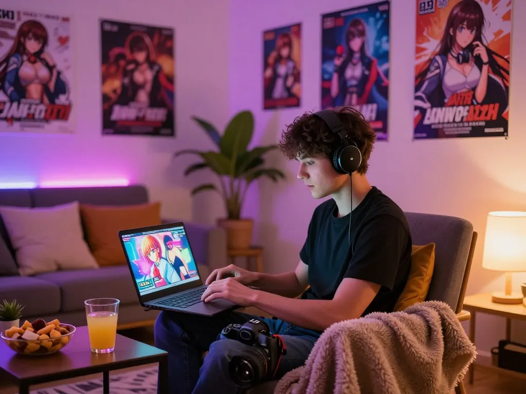 Young adult man enjoying a porno game in a cozy living room with vibrant lighting.