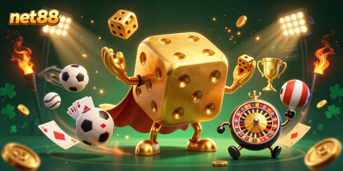 Engage with net88's thrilling casino experience featuring a golden dice golem and dynamic sports elements.