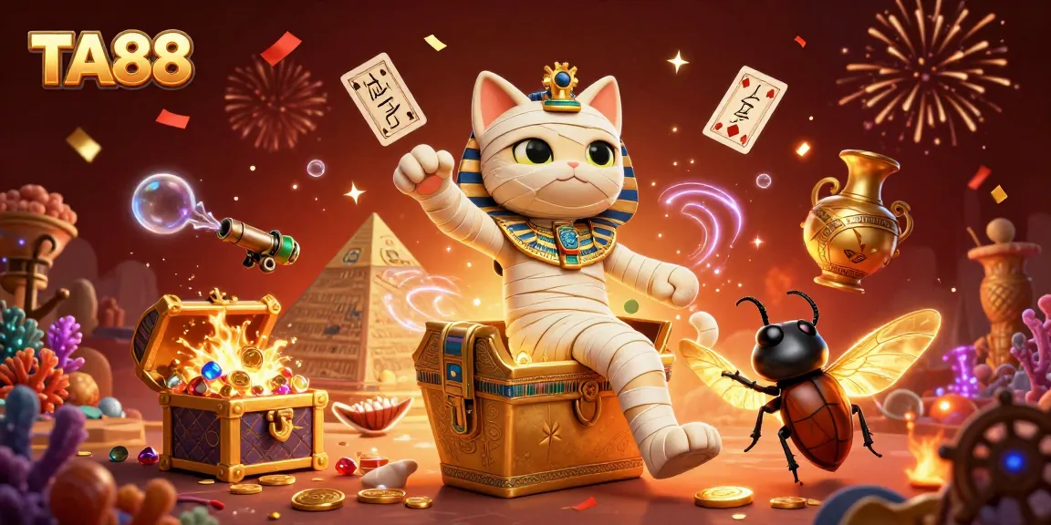Experience the excitement of TA88 as a mummy cat bursts from a sarcophagus in a vibrant casino scene.