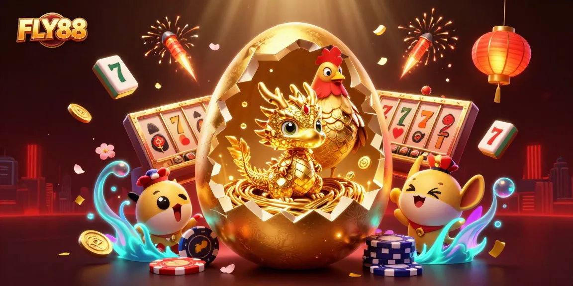 FLY88 captivates players with a dazzling scene featuring a golden baby dragon amidst slot reels and poker chips.