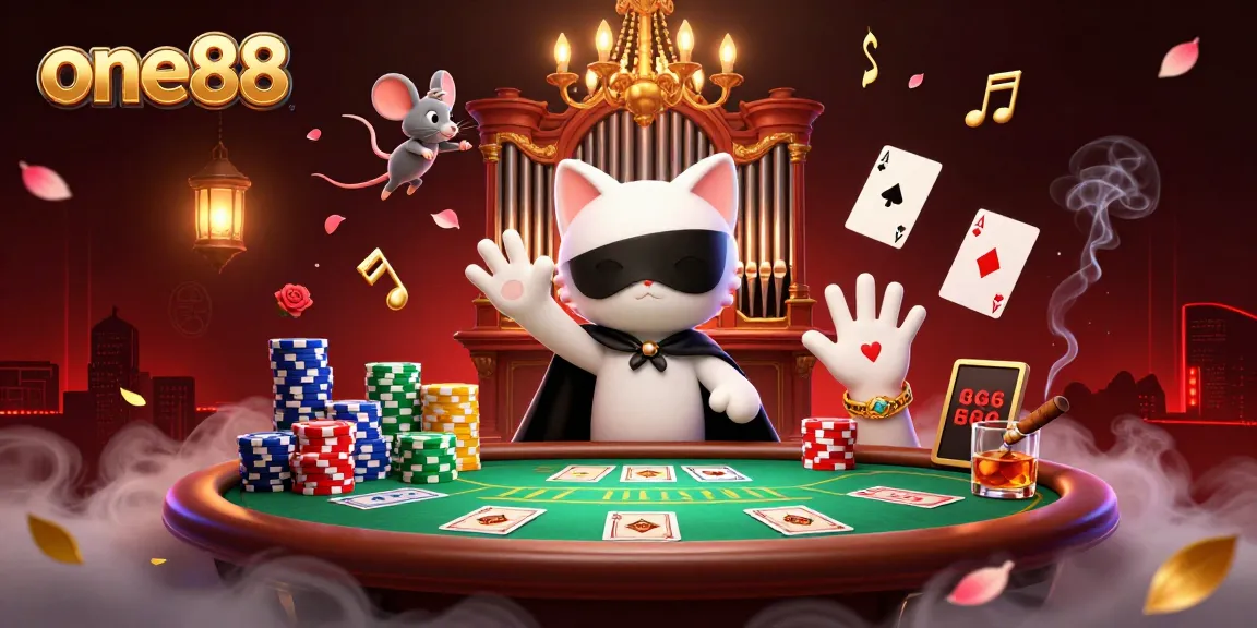 Experience the excitement of one88's casino atmosphere with 3D characters at a poker table.