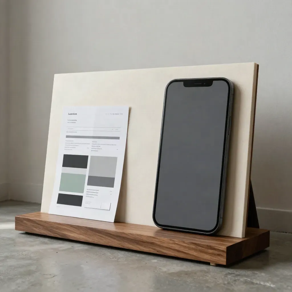 Kömür tonlu landing page mockup tahtası, telefon çerçevesi ve katlı sunum kâğıdı