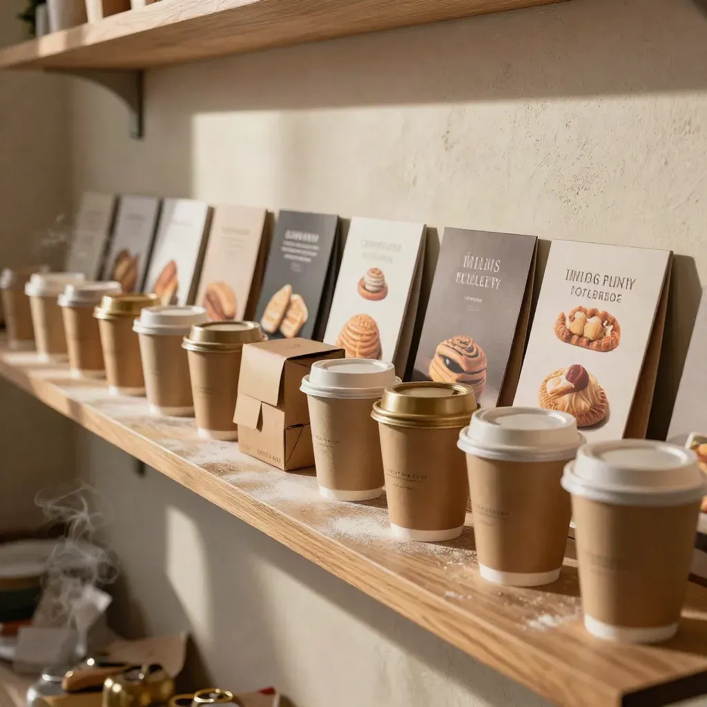 Pastane kampanya kartları, cookie kutuları ve takeaway bardaklar sıralı.