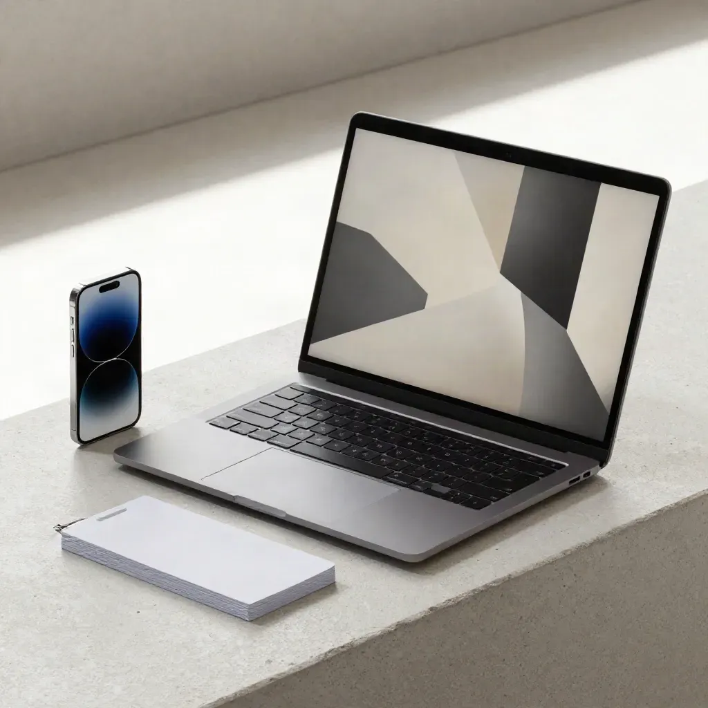 Açılı laptop, telefon maketi ve görev kartlarıyla canlı lansman kontrol sahnesi.