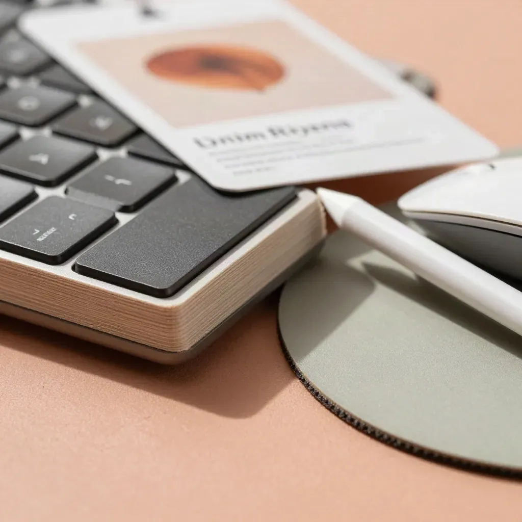 Dokulu tasarım malzemeleri, klavyenin kenarı, stylus ve mouse pad yakın planı.