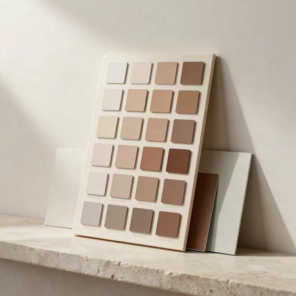 Krem proof board üzerinde hizalanmış renk örnekleri ve kahve tonu kesitler.