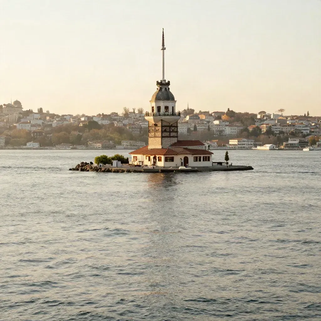 Altın saatte Kız Kulesi ve Kadıköy kıyısı üstte, altta sakin açık su.