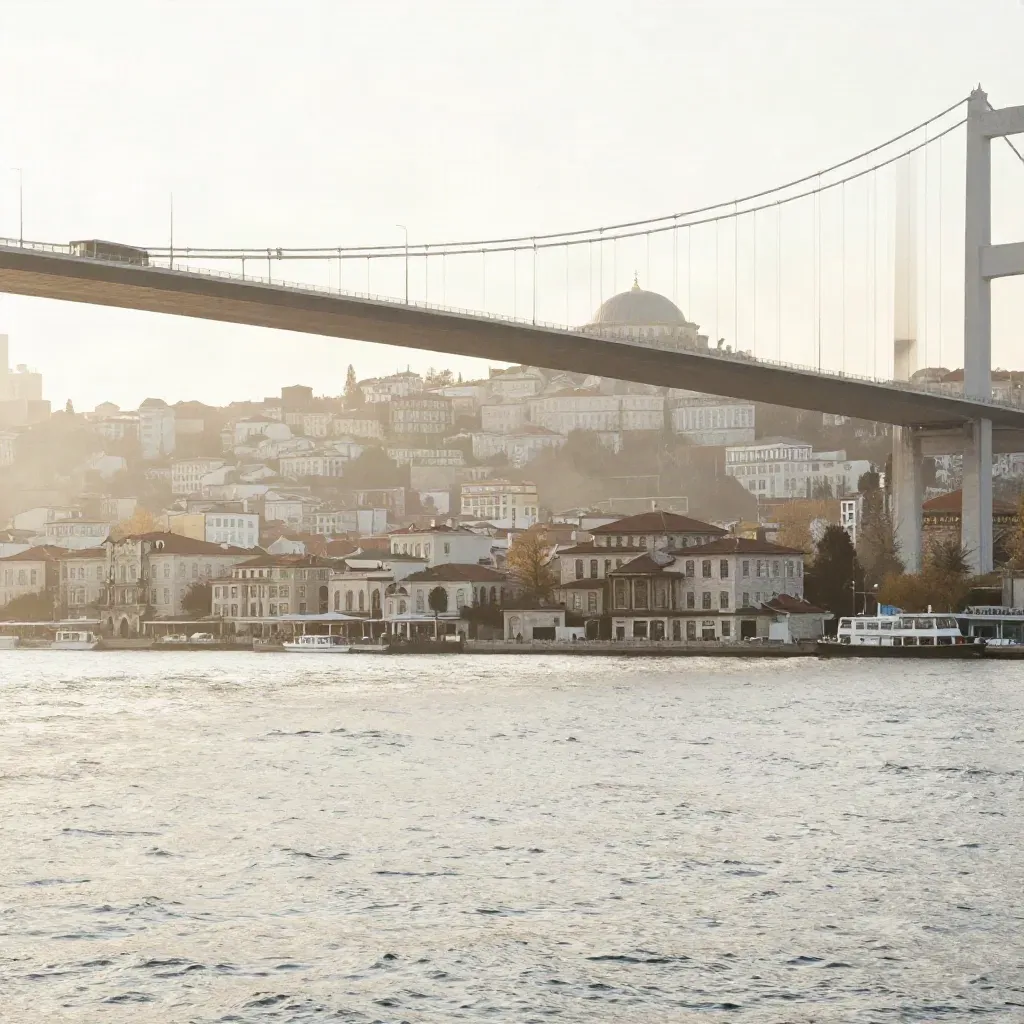 Sisli sabah ışığında Boğaziçi’nin Avrupa yakası, üstte köprüler ve taş çatılar, altta sakin deniz.