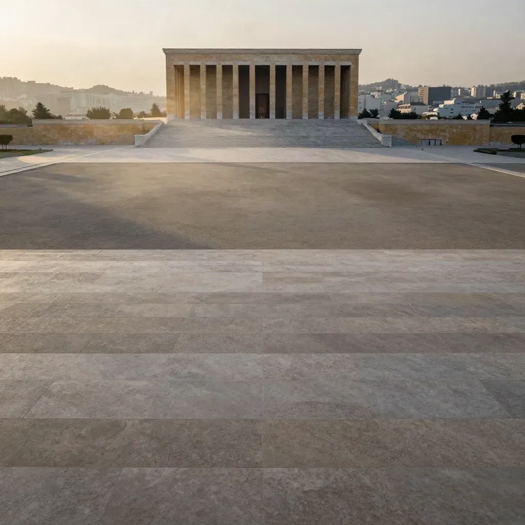 Anıtkabir’in uzaktan yüksek açıdan görünen taş avlusu, sıcak akşam ışığında