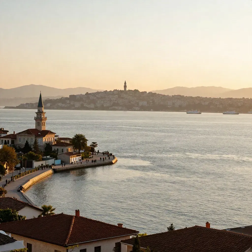İzmir Kordon ve saat kulesi silueti, gün batımında deniz ve sisle