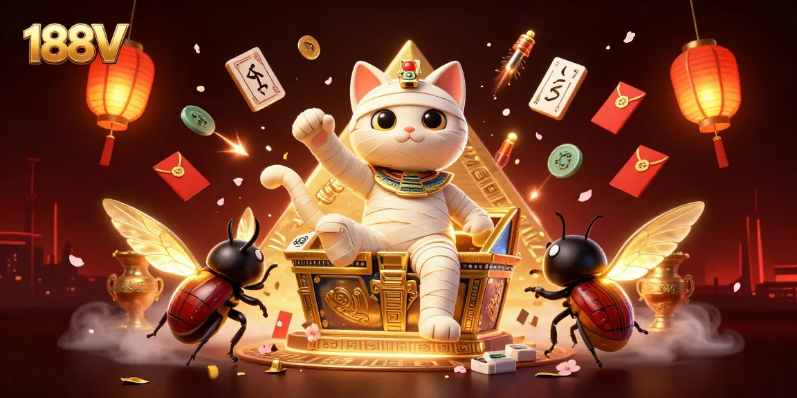 Experience the thrilling world of 188V with dynamic casino elements featuring a mummy cat and scarab beetle.