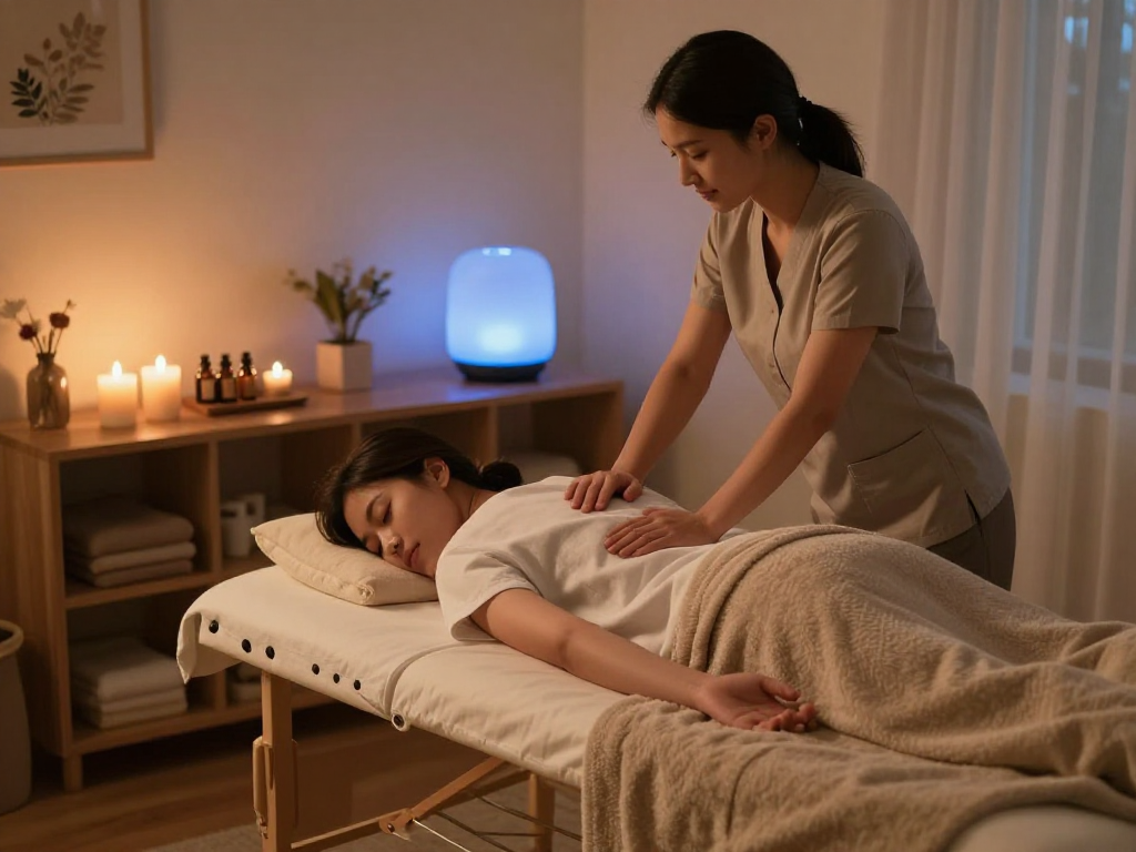 출장안마 session in a cozy home environment with soothing atmosphere.