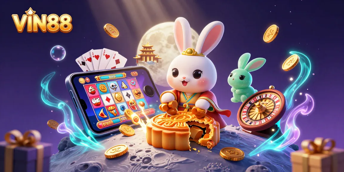 VIN88 rabbit character winning poker chips on the moon with vibrant slot game elements.