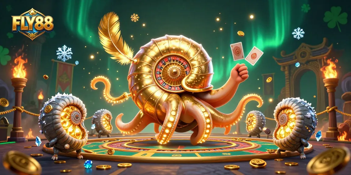 FLY88 captivates with a vibrant 3D gaming illustration showcasing a giant nautilus as a roulette wheel.