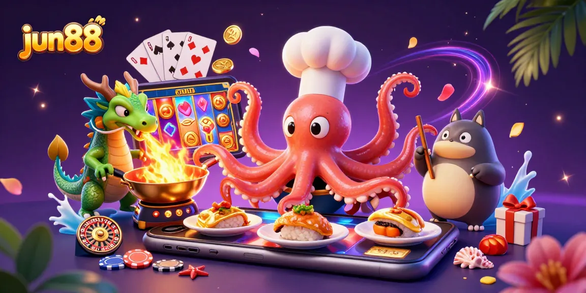 Experience exciting gameplay at jun88 with a vibrant illustration featuring unique casino characters and thrilling game elements.