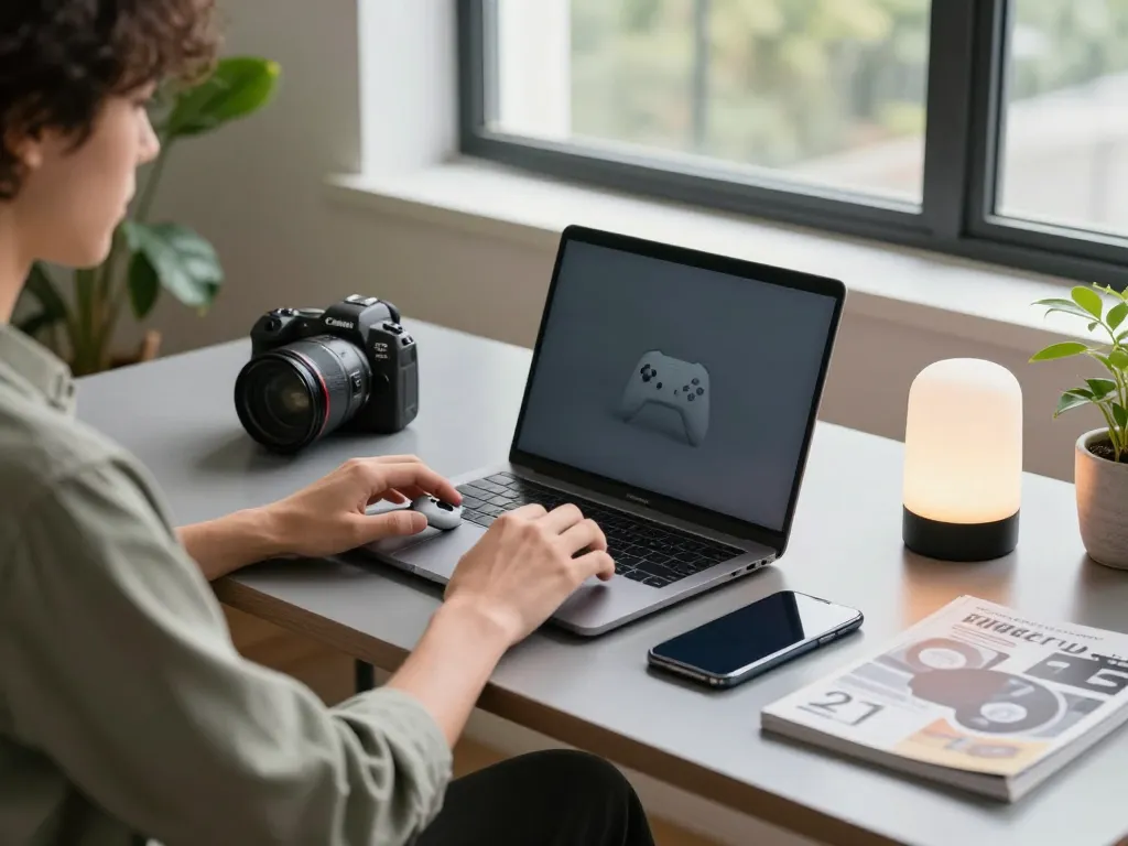 Person utilizing smart tech gadgets in a modern workspace with laptop and Bluetooth devices, showcasing innovation.