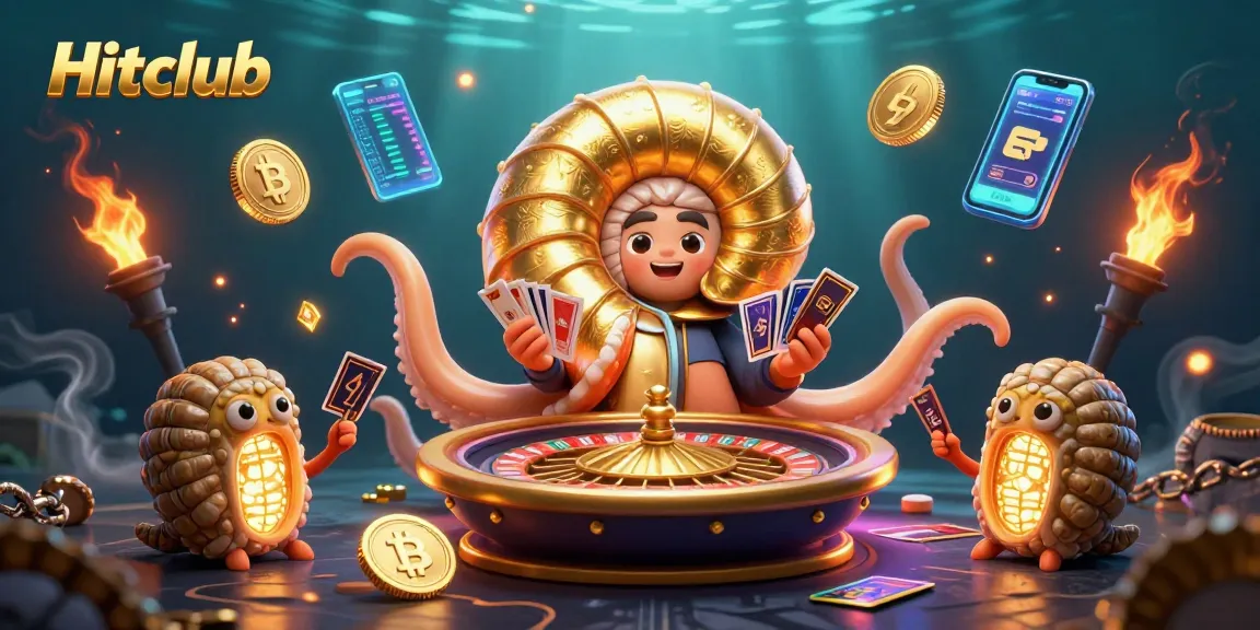 Hitclub showcases a vibrant 3D casino scene with a giant nautilus roulette wheel and crypto elements.