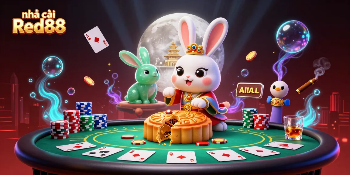 Experience the excitement of Nhà cái Red88 with an engaging 3D casino scene featuring moon rabbits, poker chips, and vibrant decorations.