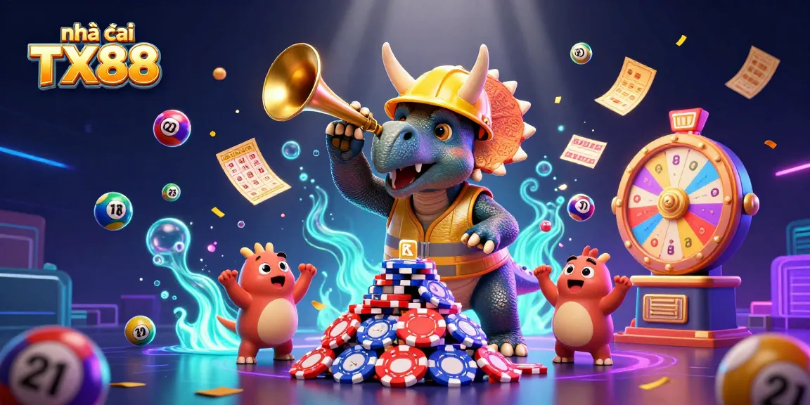 Read about Nhà cái TX88 and enjoy vibrant gambling activities in a colorful, dynamic casino scene.