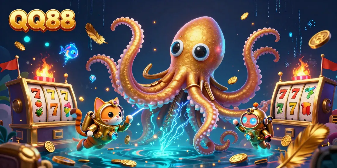Experience thrilling gameplay with QQ88 as the kraken, diving cat, and vibrant sea creatures create a rich casino adventure.