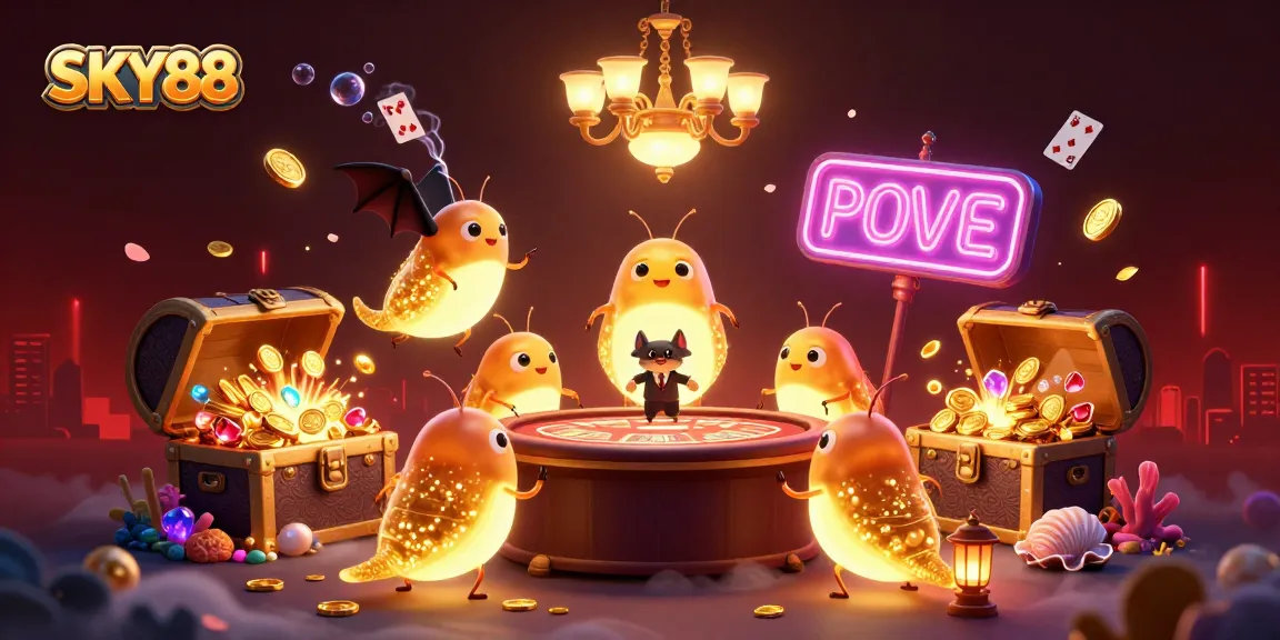 Experience the excitement of SKY88 with glowworms lighting the casino while a bat dealer oversees the game.