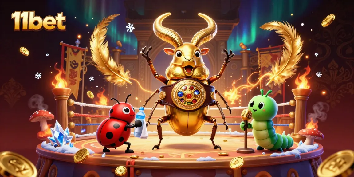 Engage with 11bet's vibrant casino illustration featuring a boxing beetle, ladybug corner-man, and caterpillar announcer.
