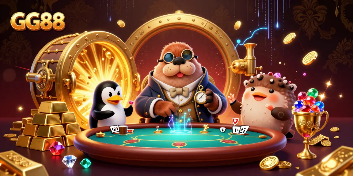 Experience the thrill of GG88 with an exuberant poker game featuring a walrus, penguin dealer, and a bluffing pufferfish.