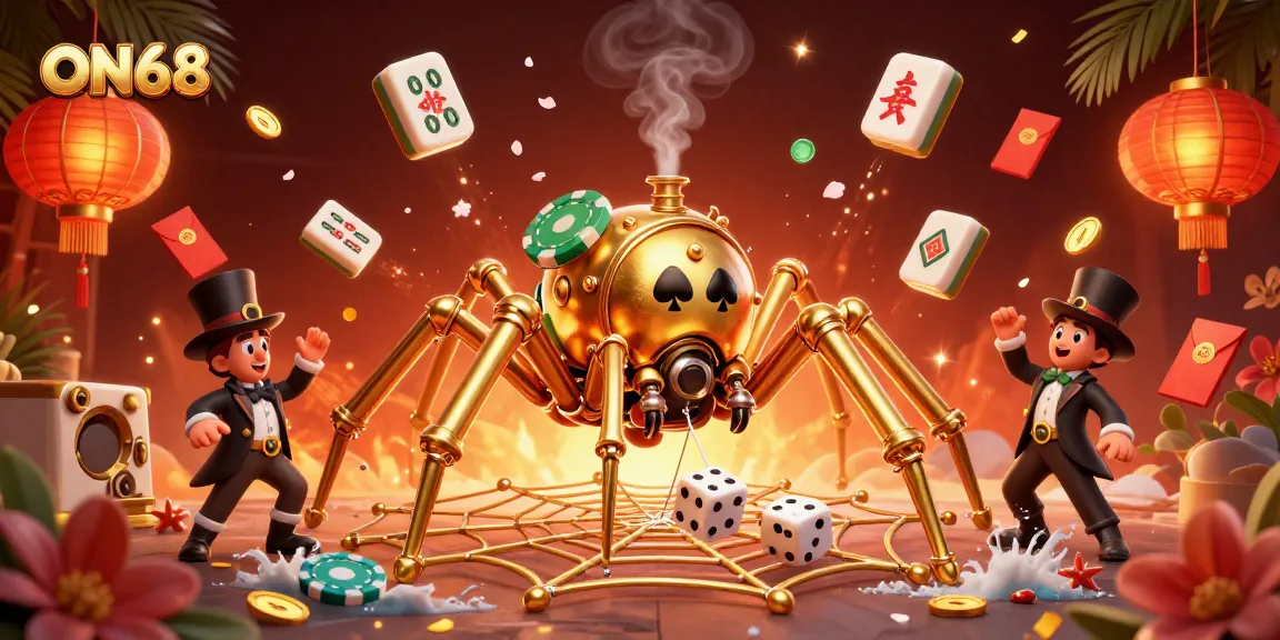 Experience thrilling gameplay with ON68's dynamic steampunk scene featuring golden spider motifs.
