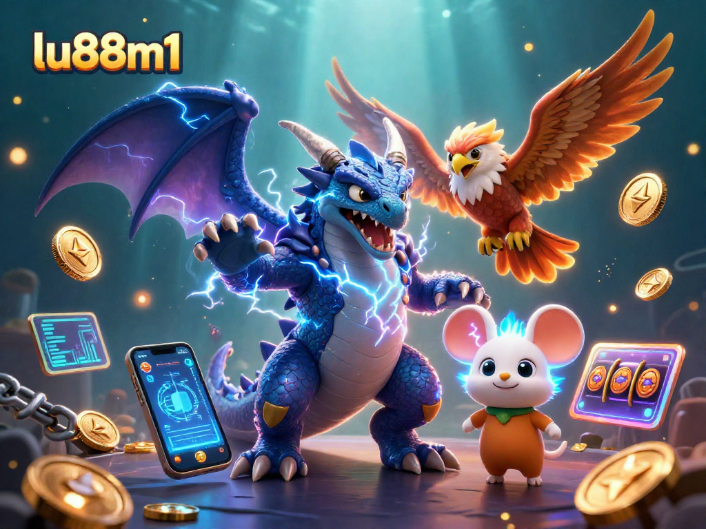 Join the excitement at lu88m1 with a dynamic 3D scene of a thunder dragon, hawk, and thunder mouse in a digital casino environment.