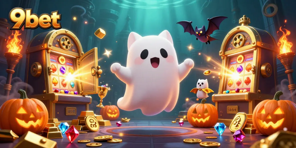 Play to win at 9bet with a lively ghost cat and treasures in a haunted casino scene.