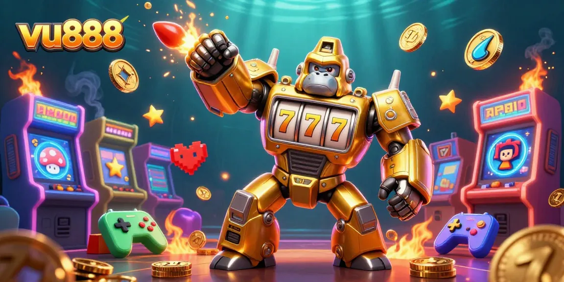 Experience the fun of vu888 gaming with a golden gorilla mech amidst vibrant arcade elements.