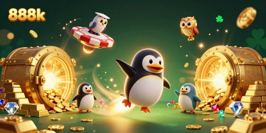 Experience the thrill of 888k with a golden penguin racing towards a casino in this vibrant 3D illustration.