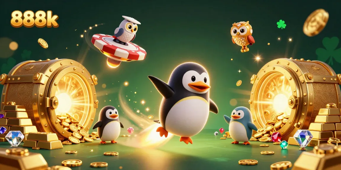 Experience the thrill of 888k with a golden penguin racing towards a casino in this vibrant 3D illustration.