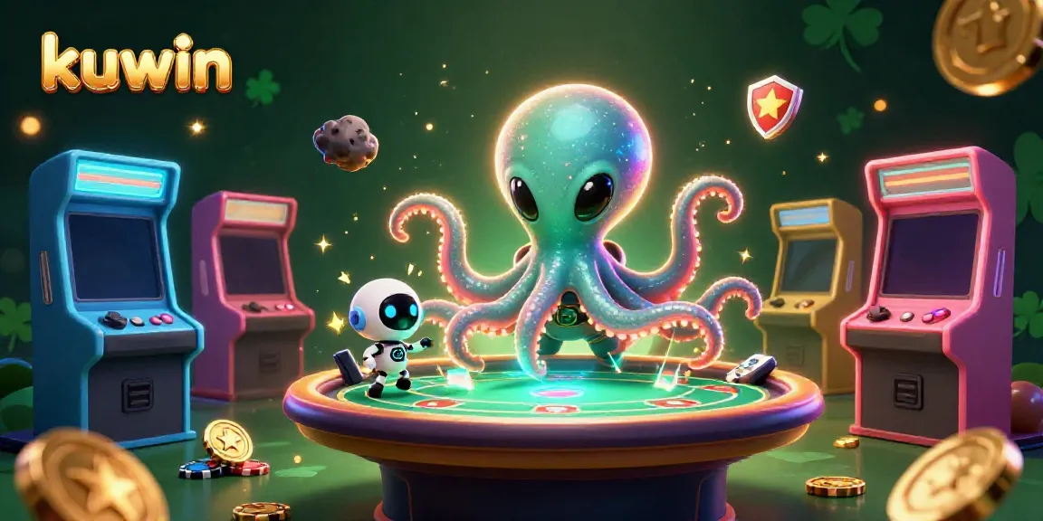 Kuwin casino's alien octopus deals poker at a holographic table surrounded by gaming elements.