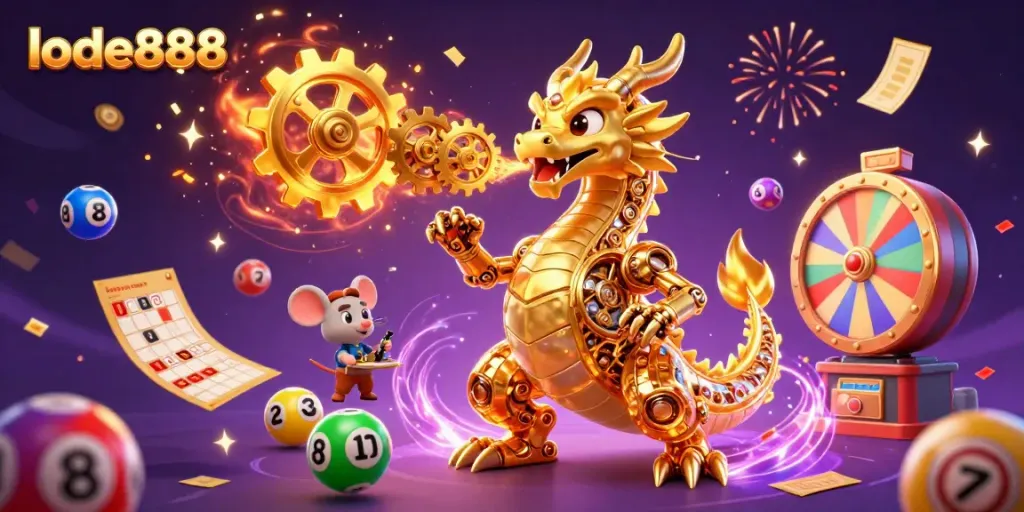 Experience the excitement of lode888 with a golden dragon and dynamic lottery elements.