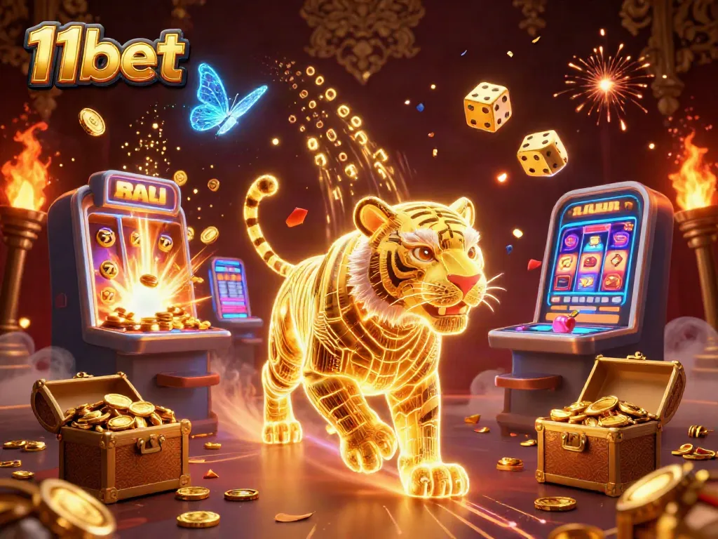 Engage with 11bet's vibrant casino world featuring a neon tiger and sparkling jackpots.