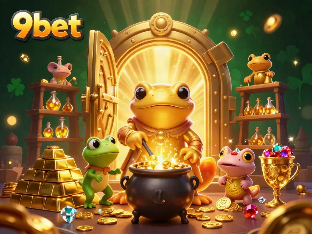 Experience the magic of 9bet with golden alchemy and treasure in a vibrant casino-themed scene.