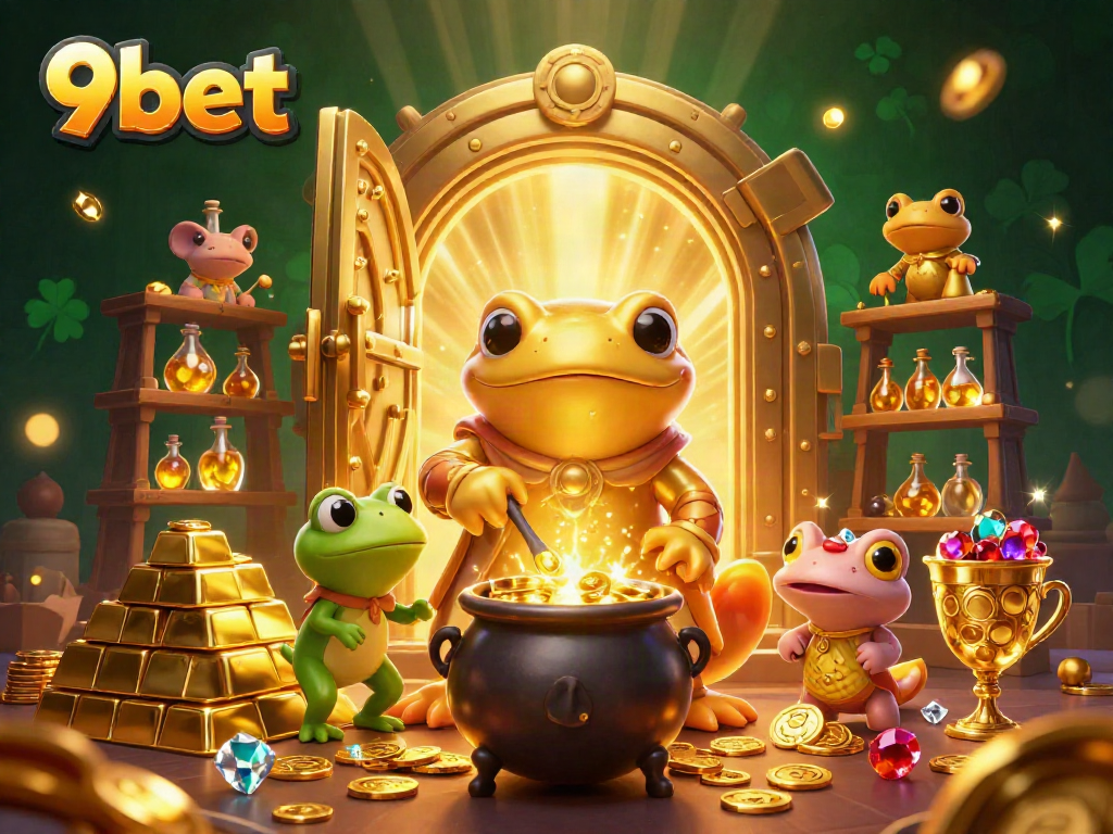 Experience the magic of 9bet with golden alchemy and treasure in a vibrant casino-themed scene.