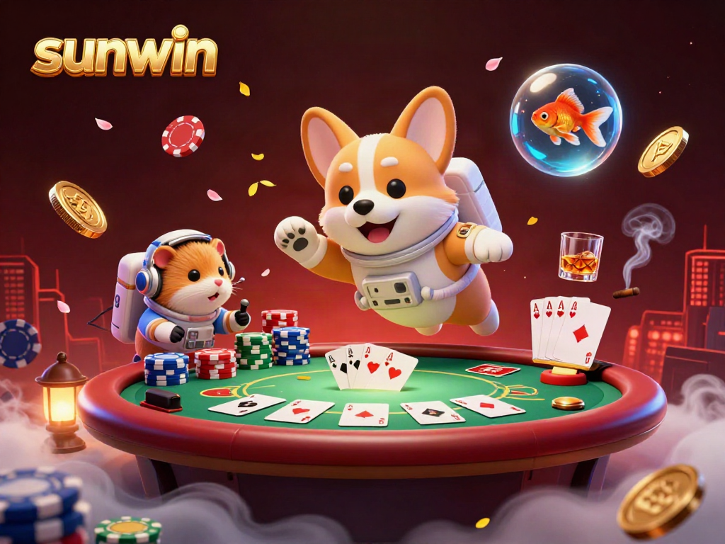 Experience the thrill of sunwin with a dynamic 3D casino scene featuring fun characters and gambling elements.