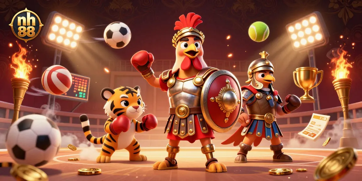 Engage with nh 88's thrilling gambling universe featuring gladiator rooster and tiger cub sparring in an electrifying arena.