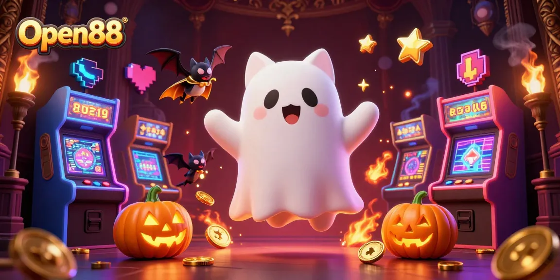 Engage with Open88's vibrant gaming scene featuring a ghost cat, bat, and glowing elements.