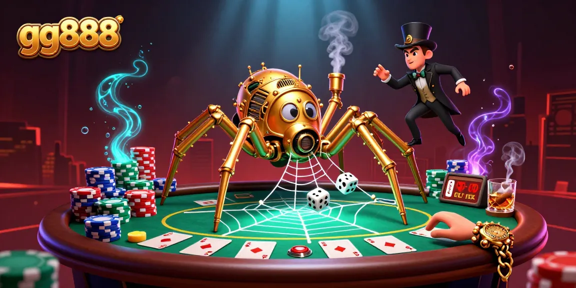 Engage in exciting gameplay with gg888, featuring a steampunk spider catching dice amidst dynamic poker elements.